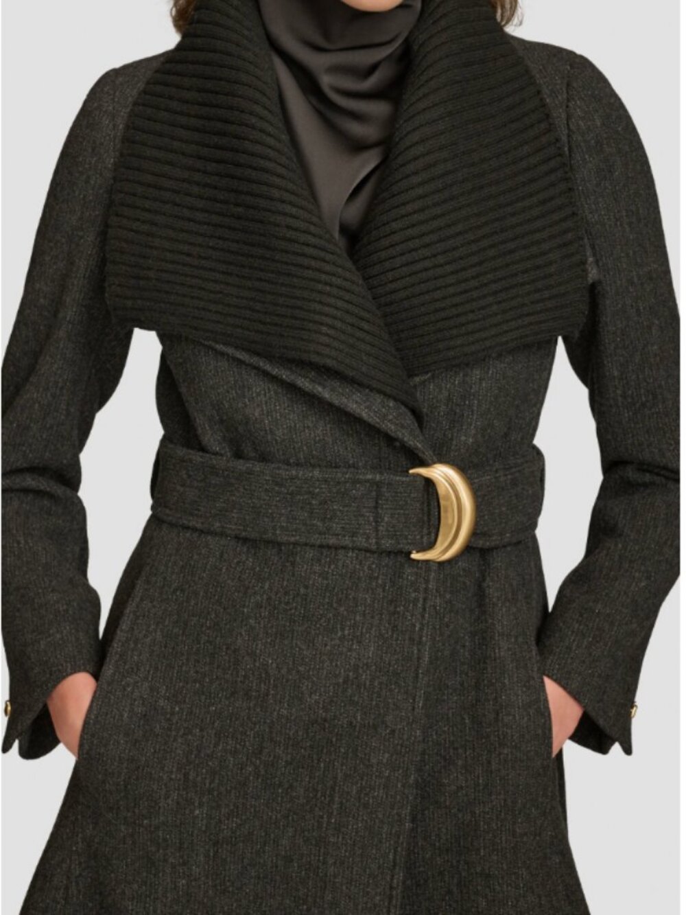 Donna Karan Rib Belted Wool Blend Wrap Coat - Picture 5 of 9